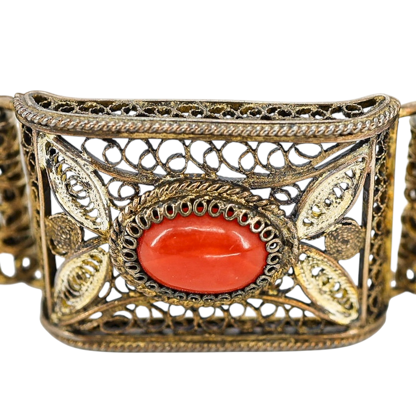 Vintage 1930s Italian Gilded 800 Silver Filigree Bracelet with Natural Coral – Firenze Maker