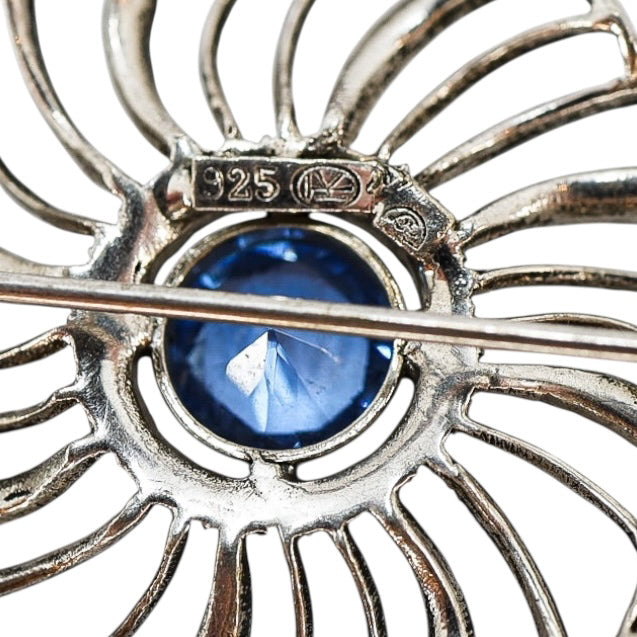 Vintage-Style Sterling Silver 925 Marcasite Flower Brooch - Blue Faceted Glass Center, 1.5”