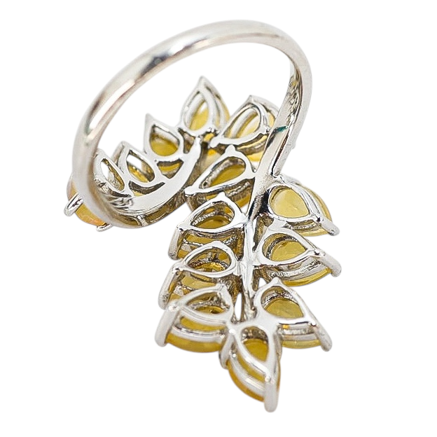 Sterling Silver Ethiopian Yellow Opal Leaf Ring, Size 8 – Pear-Cut Stones with Subtle Play of Color