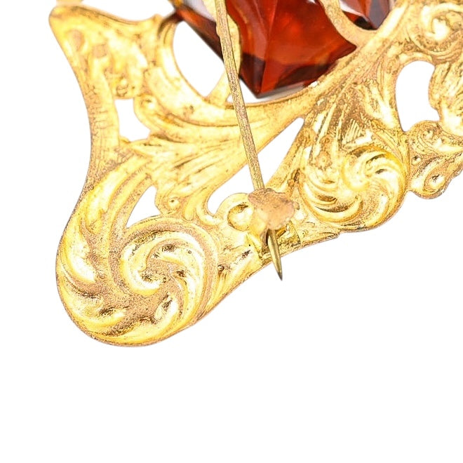 Antique Art Nouveau Gold Wash Brooch with Large Amber Glass Stone