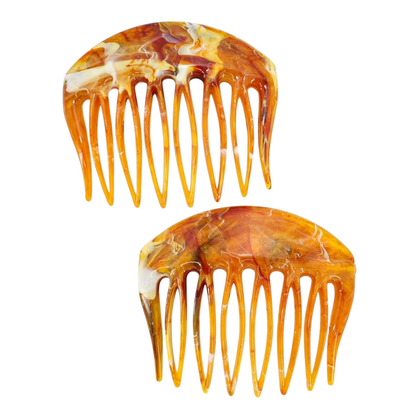 Vintage Made In France Orange Hair Combs Marbled Cellulose Acetate, Set of 2