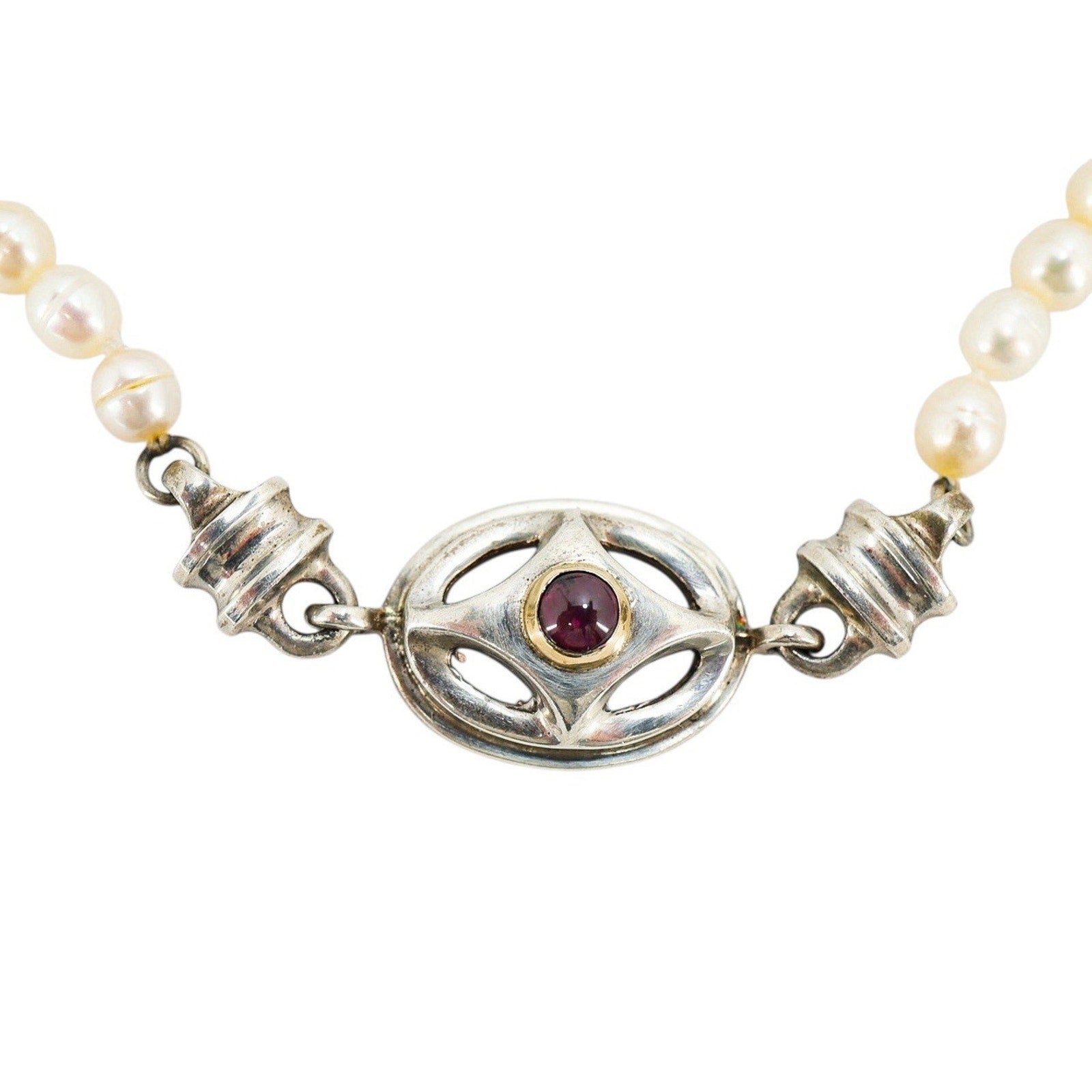 Artisan Sterling Silver & Freshwater Pearl Necklace W Garnet Centerpiece 18”