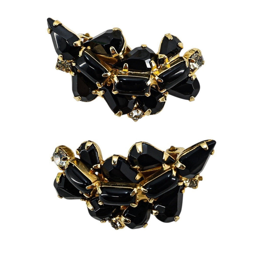 Vintage Mid Century Glam Black Glass Rhinestone Necklace & Clip-On Earrings Set