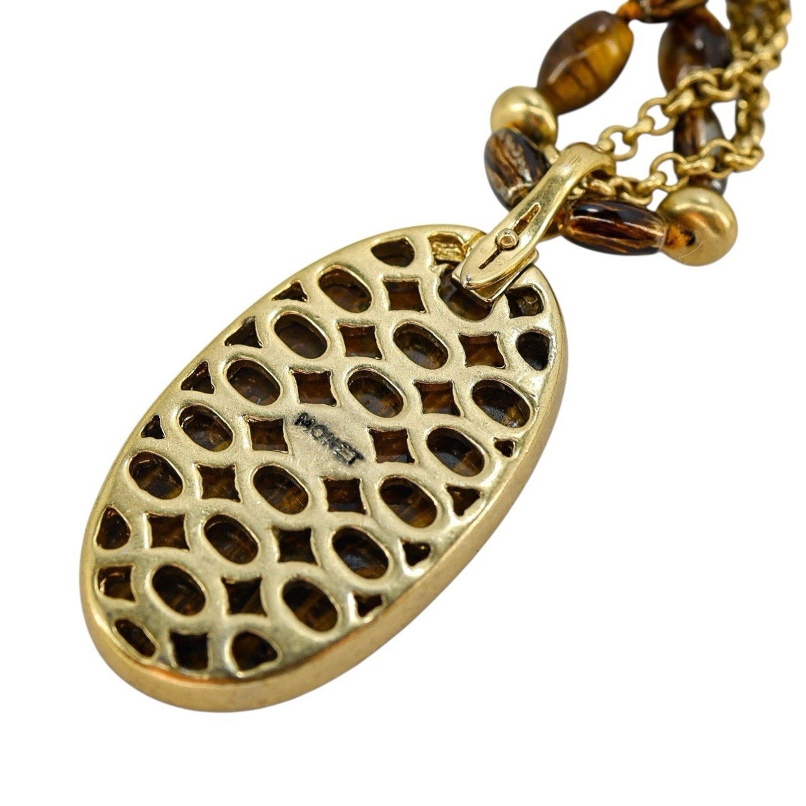Signed Monet Statement Goldtone And Tiger Eye Necklace With Detachable Pendant