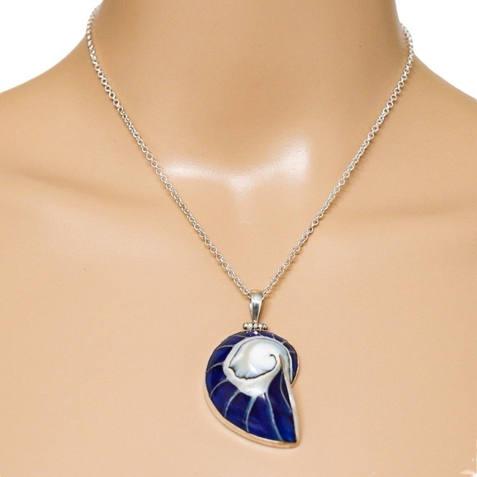 Sterling Silver Nautilus Pendant Necklace – Blue Resin Inlay & Mother of Pearl