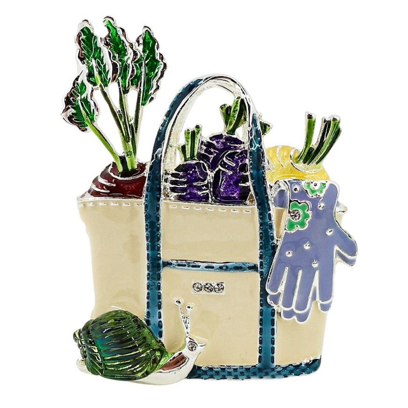 Napier Enamel Gardening Brooch Tote Vegetables And Molded Glass Snail