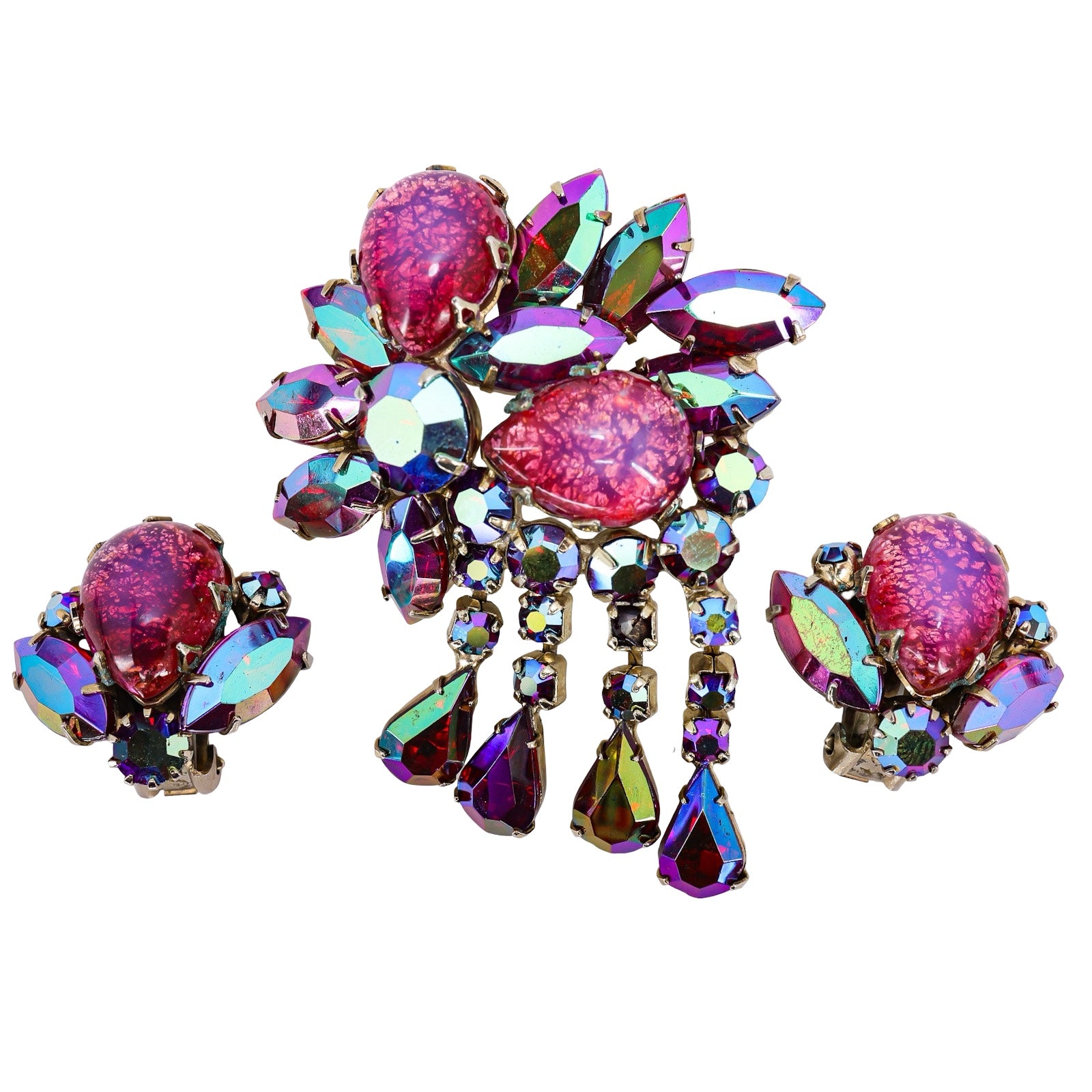Vintage Dragon’s Breath Glass & Watermelon AB Rhinestone Brooch Clip Earrings Set