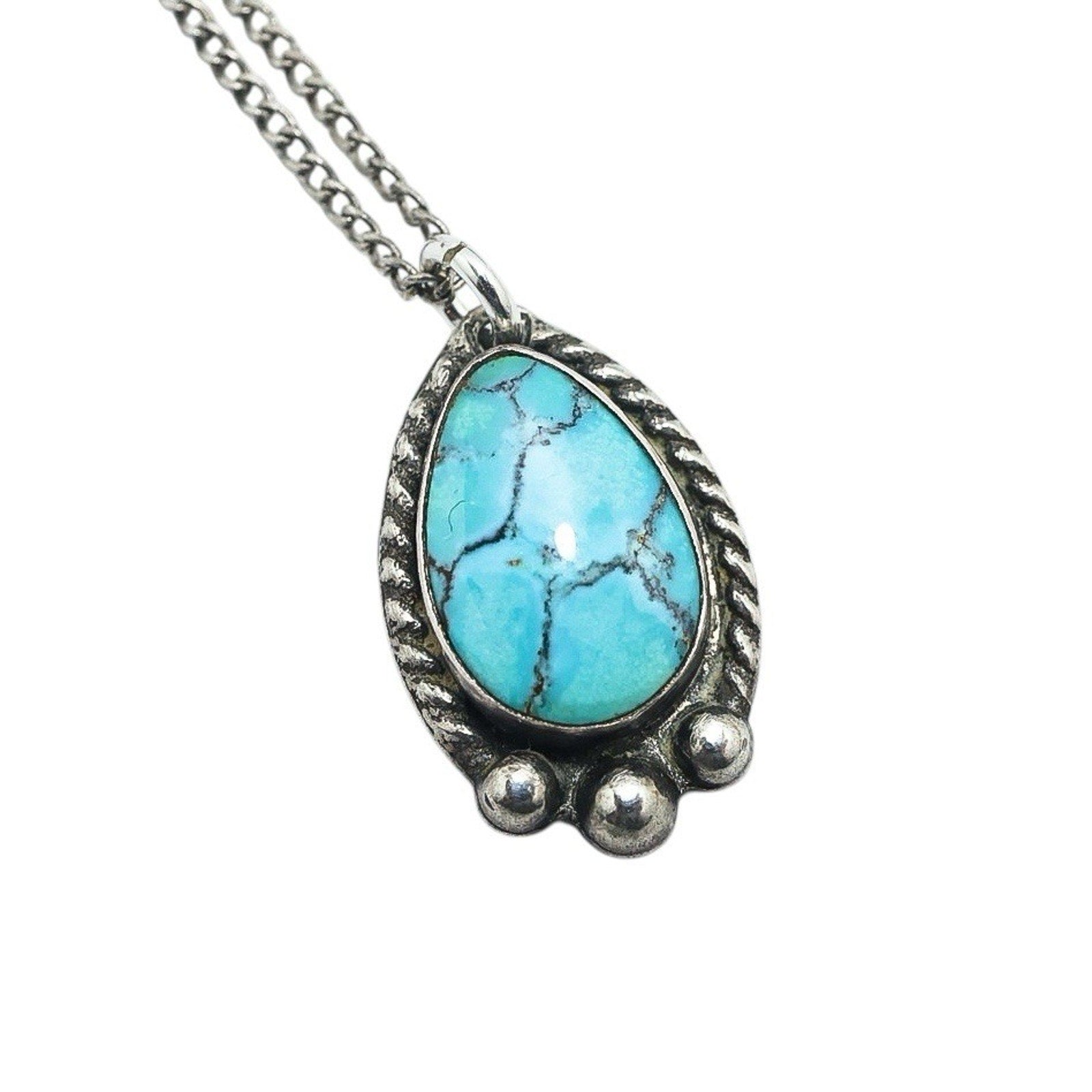 Vintage Sterling Silver Turquoise Pendant Chain Necklace Southwestern Style 18”