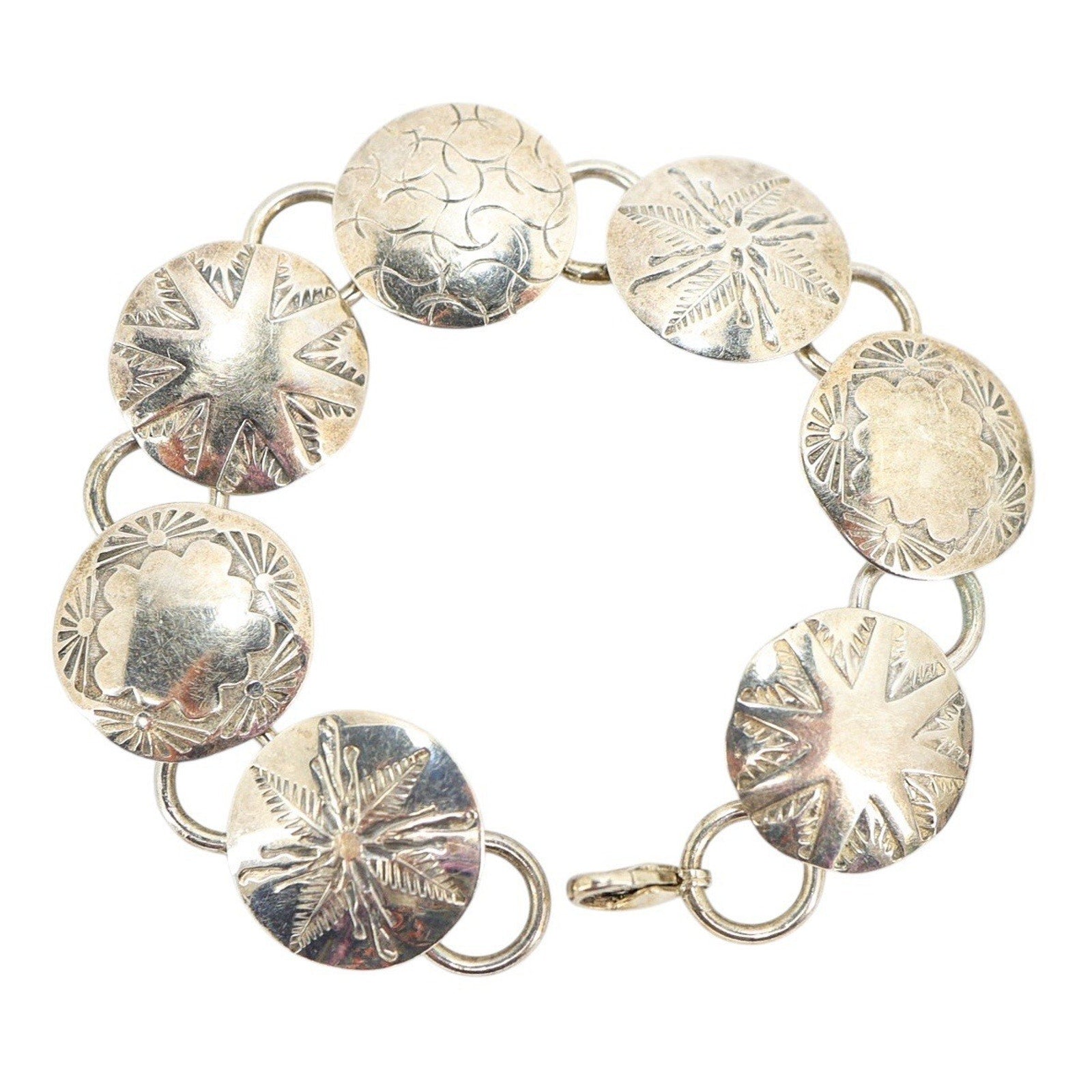 Sterling Silver Concho Bracelet Stamped Each Link Lobster Clasp Starburst 19.8g