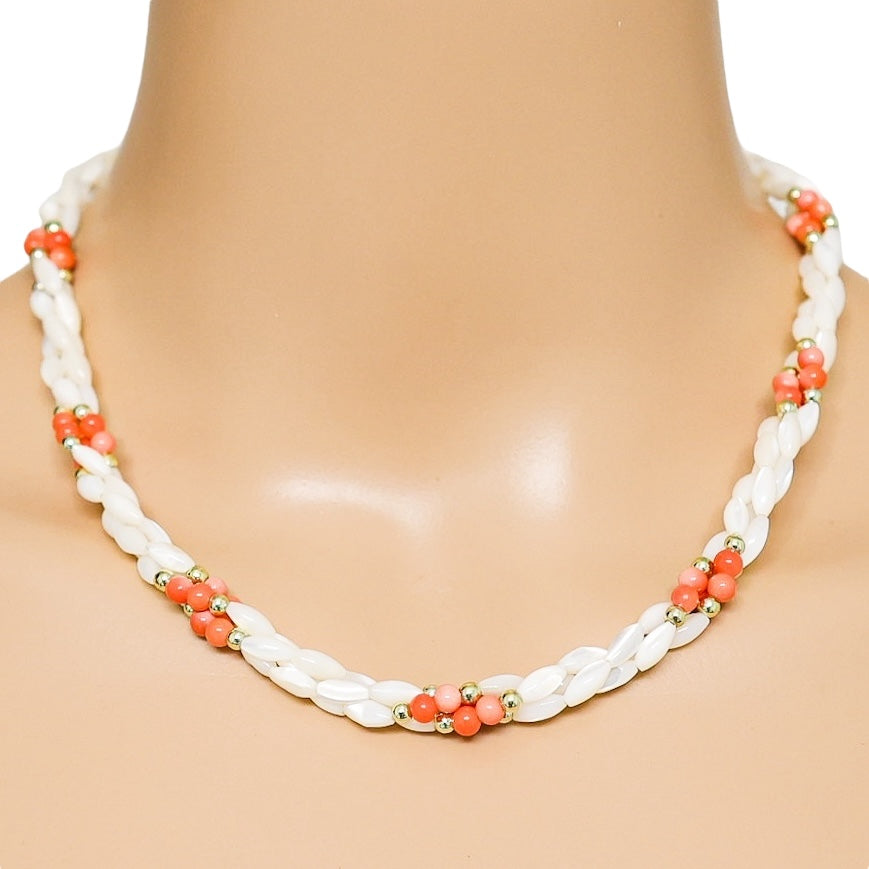 Vintage Mother Of Pearl & Coral Bead Necklace – Twisted Strands 17 in Nautical