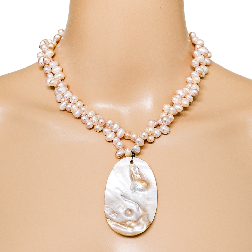 Freshwater Pearl Necklace & Bracelet Set with Large Oval Shell Pendant