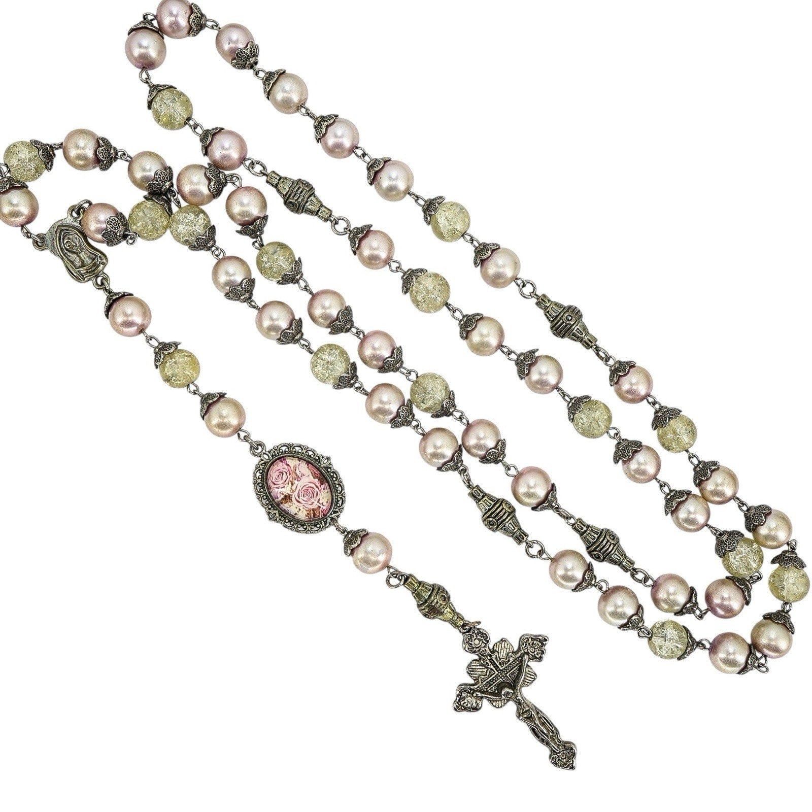 Vintage Large Display Ceremonial Ornate Rosary Faux Pearl & Crackle Glass Beads