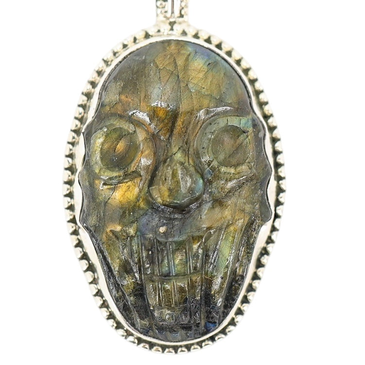 Large Artisan Carved Labradorite Scull Pendant Necklace In Sterling Silver