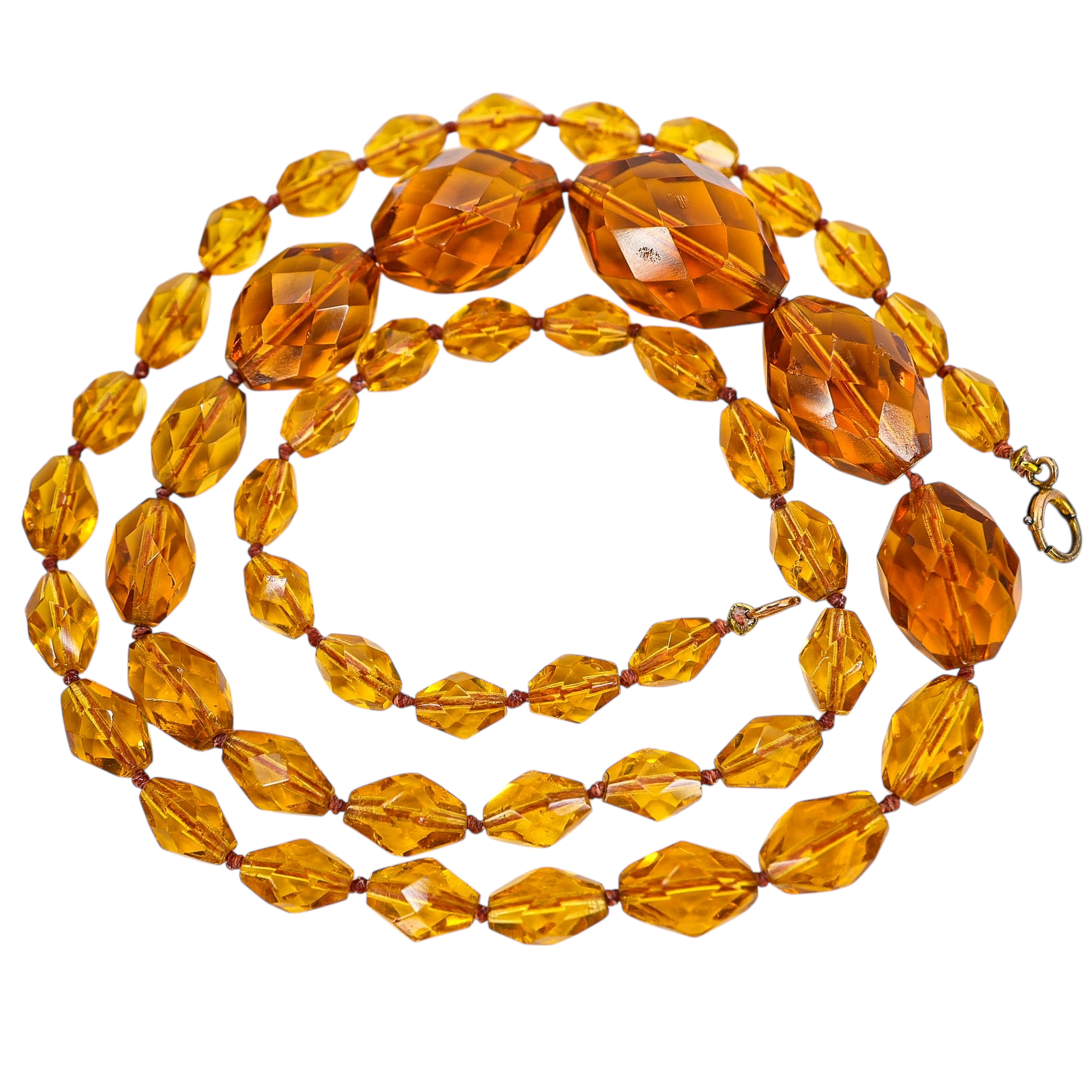 Vintage Faceted Amber Glass Bead Necklace – Hand Knotted Graduated Beads, 1930s Czech Style