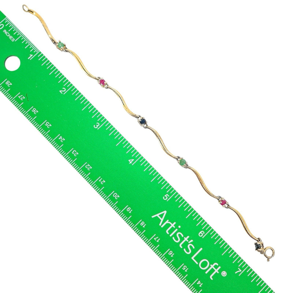 Vintage Vermeil Sterling Silver Bracelet Wavy Link W Simulated Gems 7”