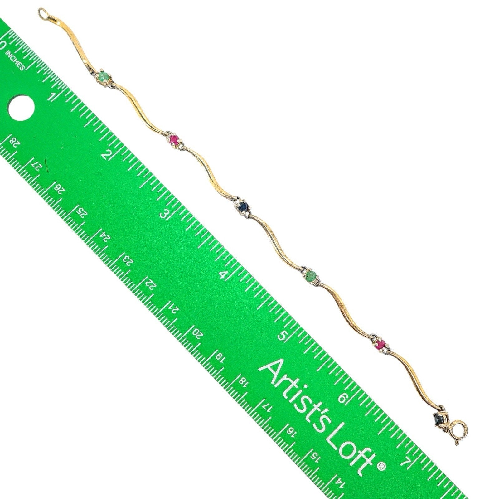 Vintage Vermeil Sterling Silver Bracelet Wavy Link W Simulated Gems 7”