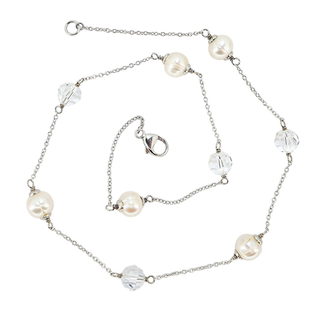 Honora Cultured Pearl Necklace with Faceted Clear Crystals, Sterling Silver