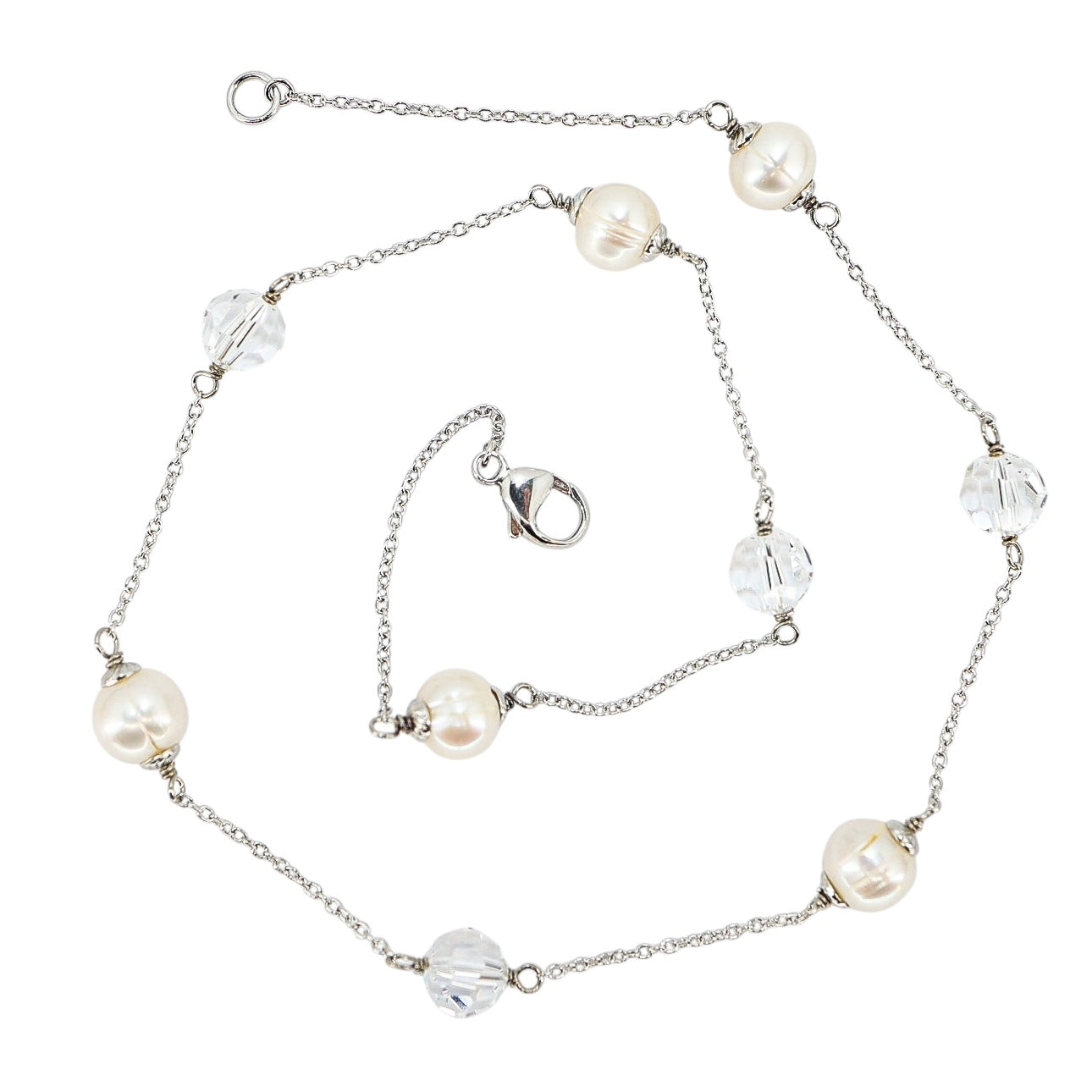 Honora Cultured Pearl Necklace with Faceted Clear Crystals, Sterling Silver