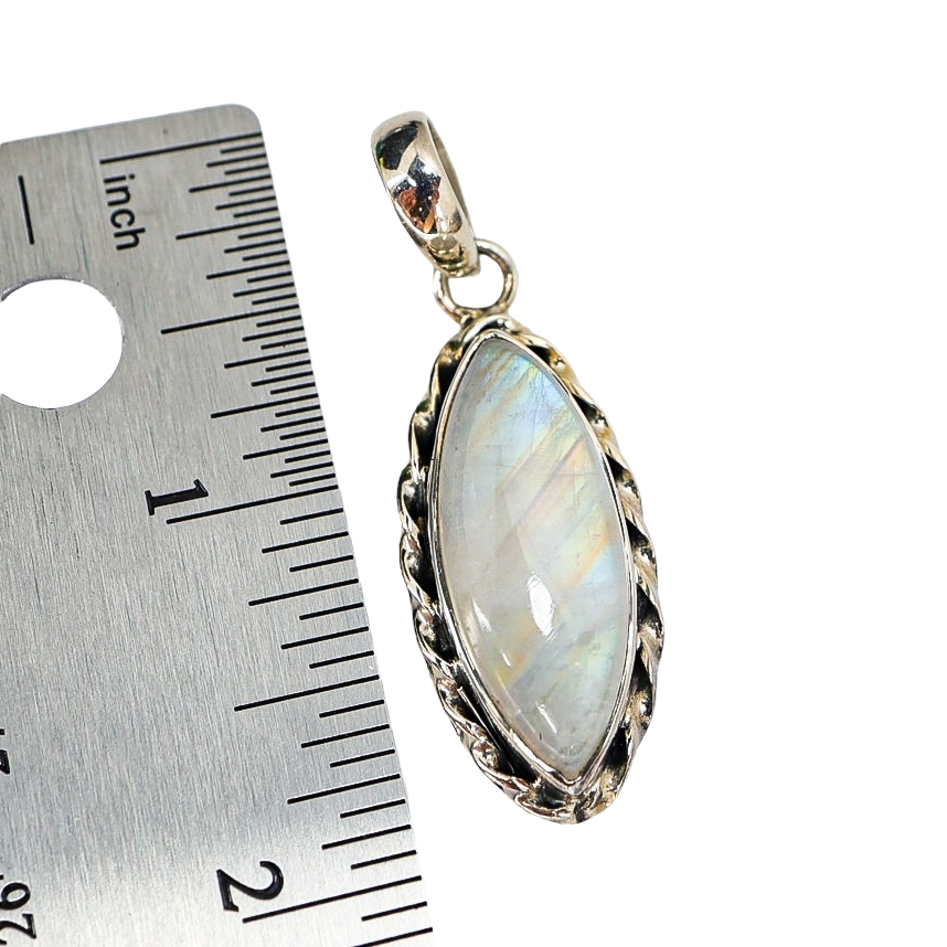 Vintage Rainbow Moonstone Pendant – Sterling Silver SJ925, Marquise Cabochon