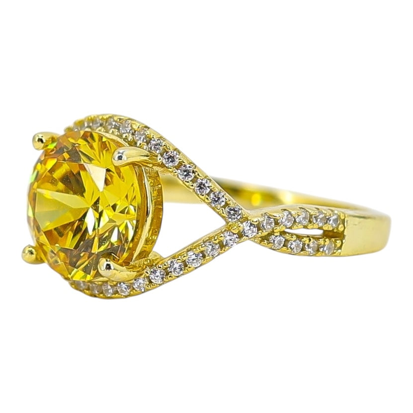 Sterling Silver Yellow Cubic Zirconia Statement Ring – Pave Split Shank Design - Size 8