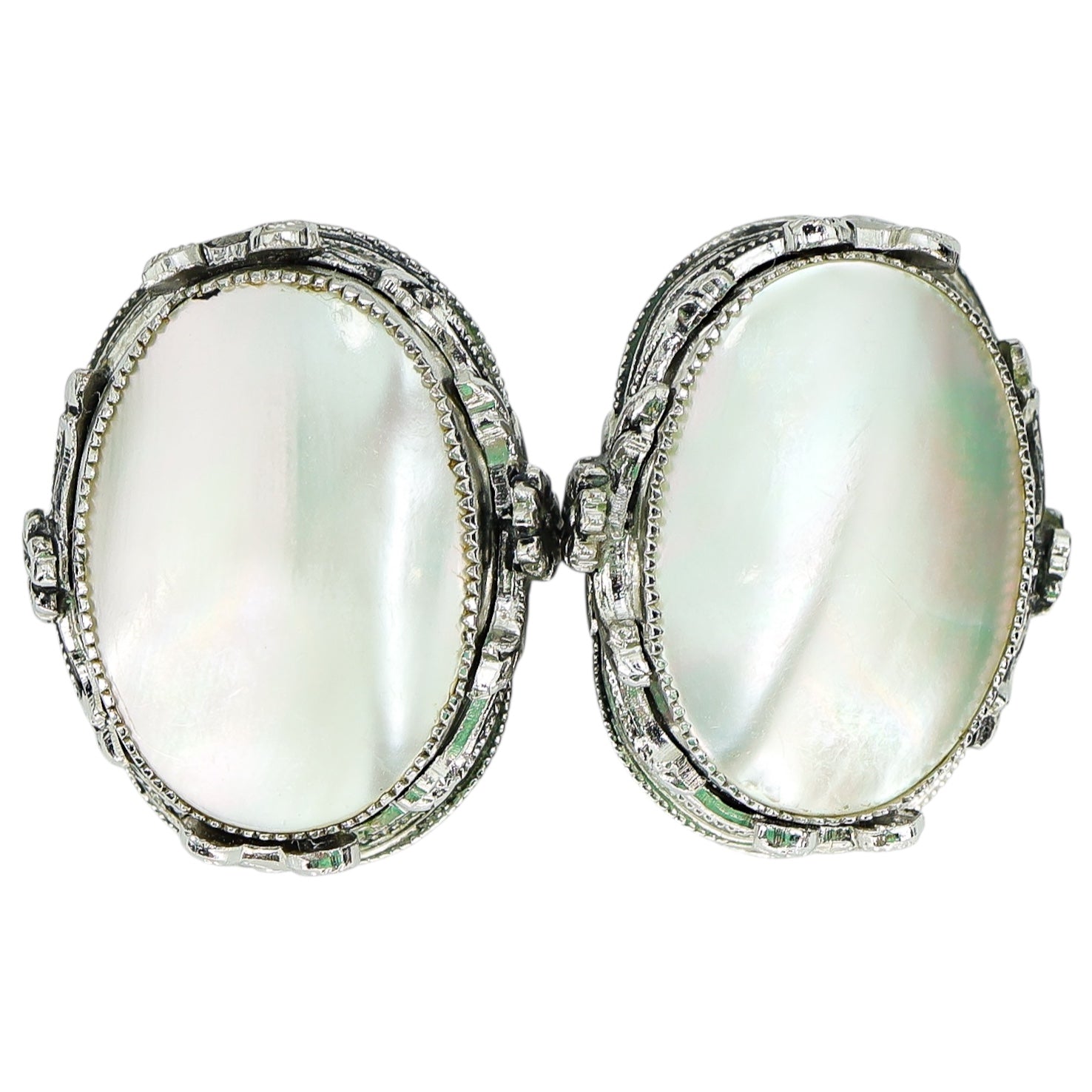 Large Whiting & Davis Mother Of Pearl Oval Earrings In Ornate Silver Tone Setting