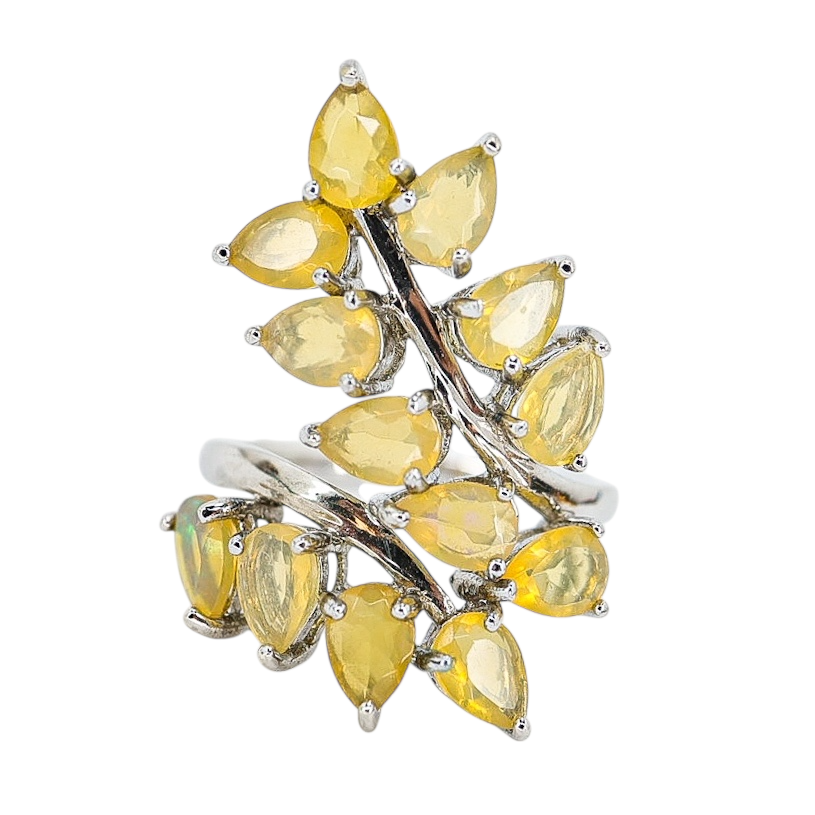 Sterling Silver Ethiopian Yellow Opal Leaf Ring, Size 8 – Pear-Cut Stones with Subtle Play of Color