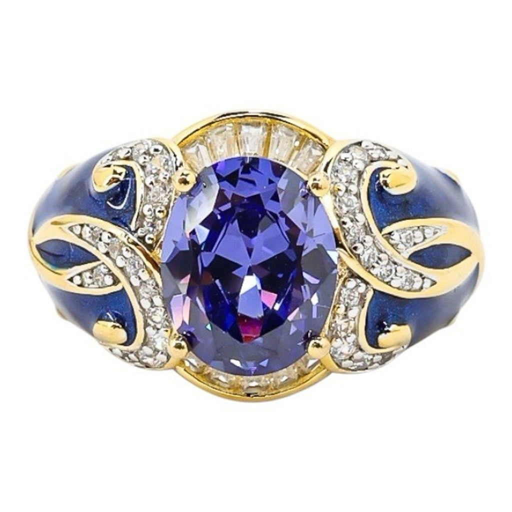 925 Blue Enamel & CZ Crystal Gold Vermeil Sterling Ring Palazzo Style