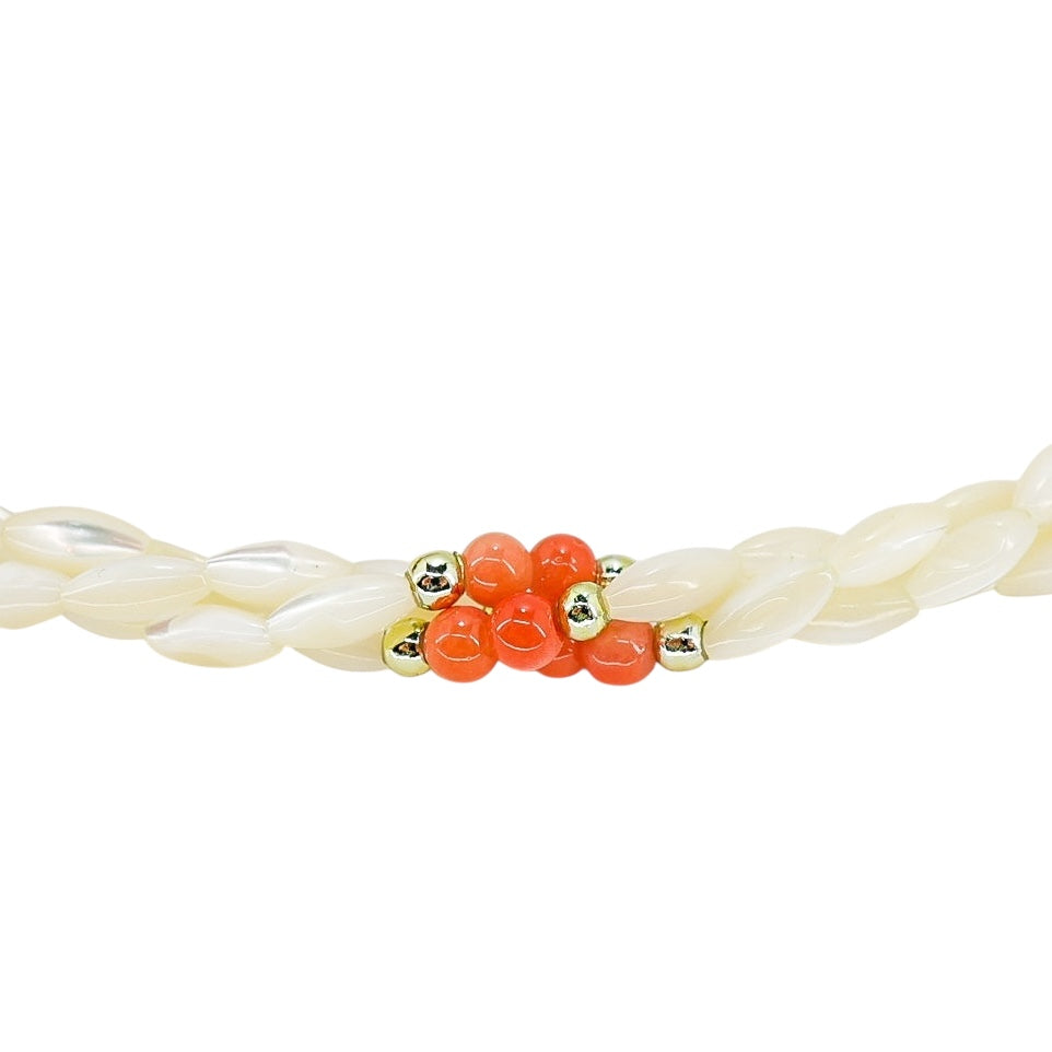 Vintage Mother Of Pearl & Coral Bead Necklace – Twisted Strands 17 in Nautical