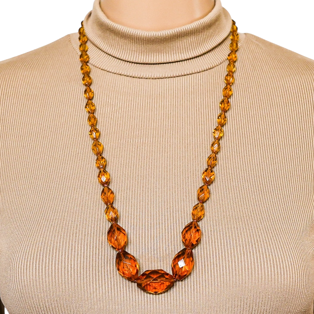 Vintage Faceted Amber Glass Bead Necklace – Hand Knotted Graduated Beads, 1930s Czech Style