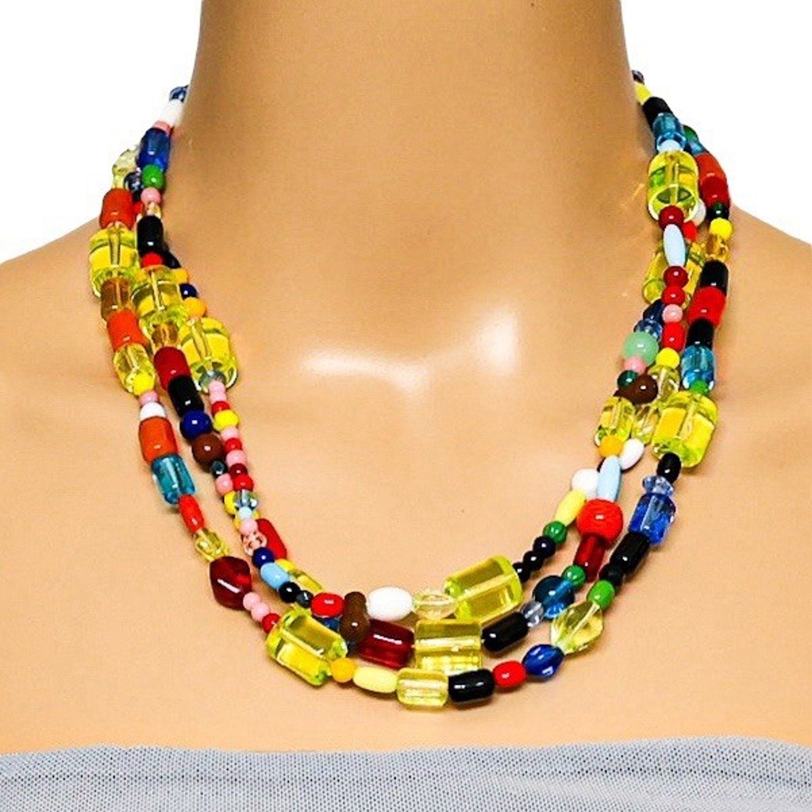 Vintage Uranium Glow Czech Vaseline Glass Bead Necklace 60” - Long Statement