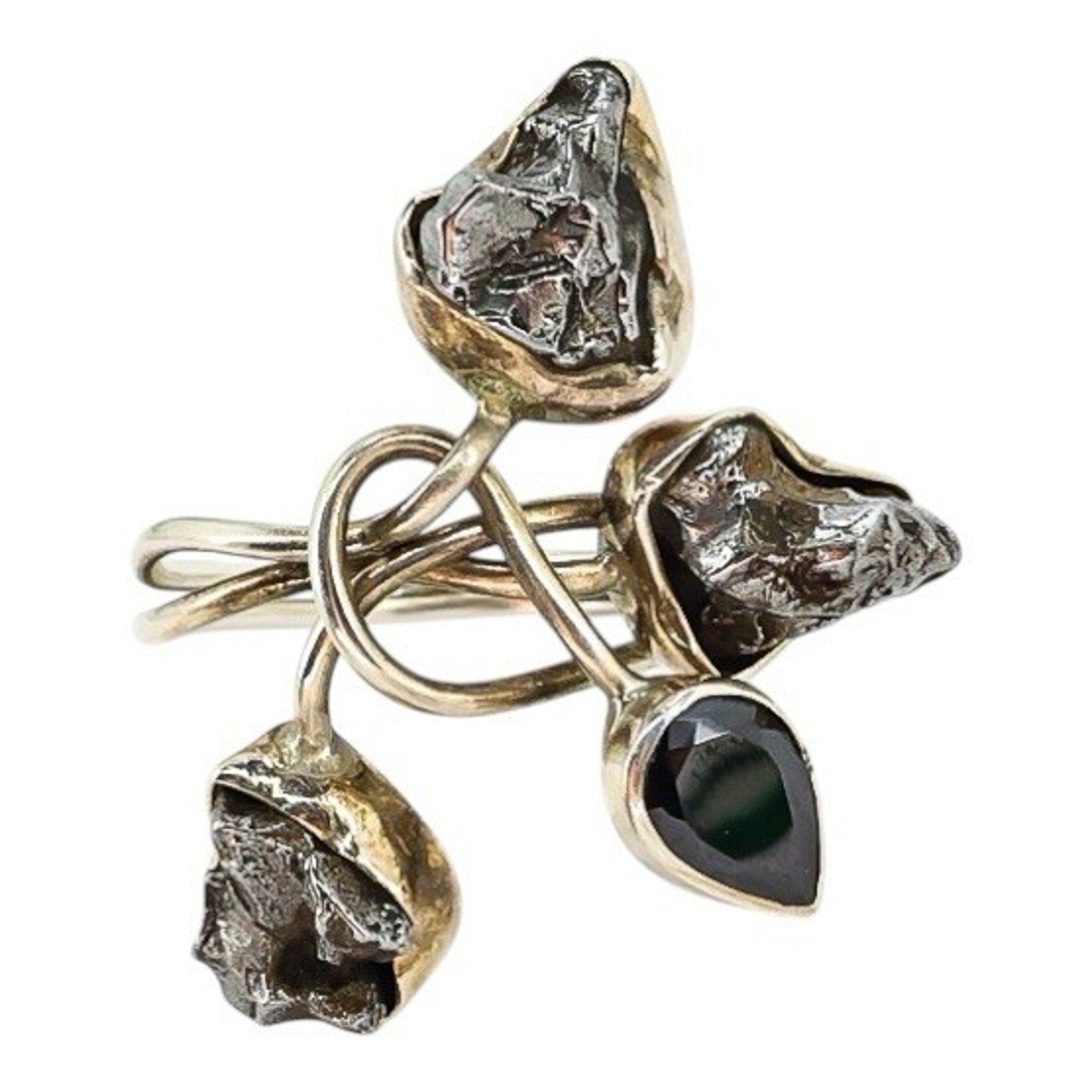 Sterling Artisan Ring Brutalist Organic Modernist Raw Stones Faceted Black Gem