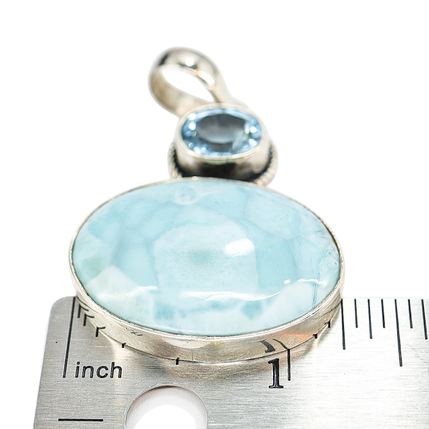 Large Sterling Silver Larimar & Blue Topaz Pendant – 2” x 1.25”