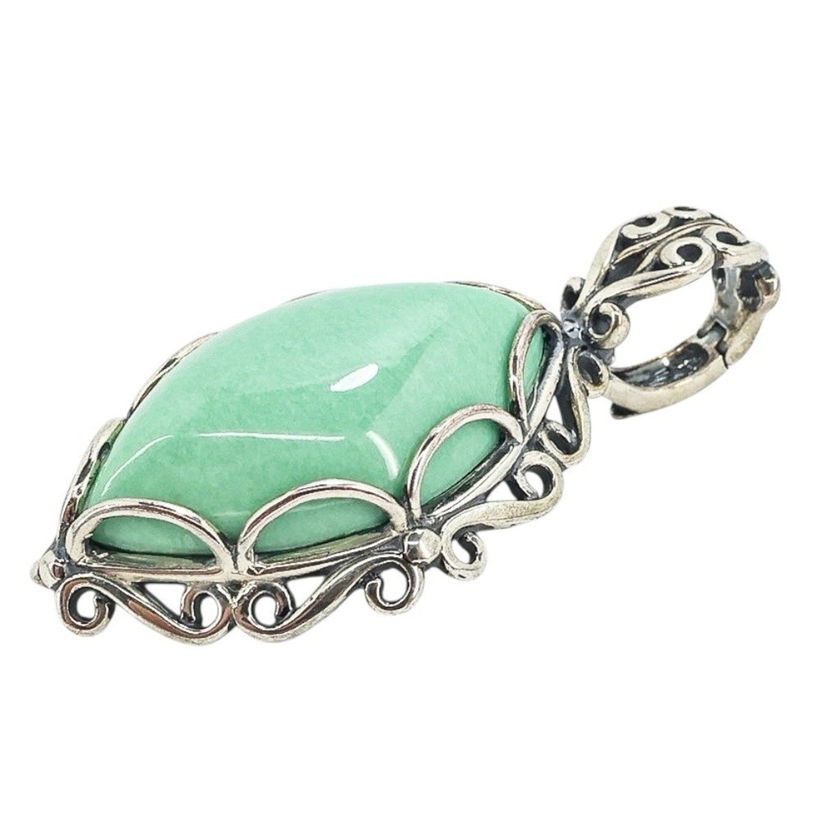 Vintage Carolyn Pollack Sterling Silver Green Stone Pendant Marquise Cabochon 2”