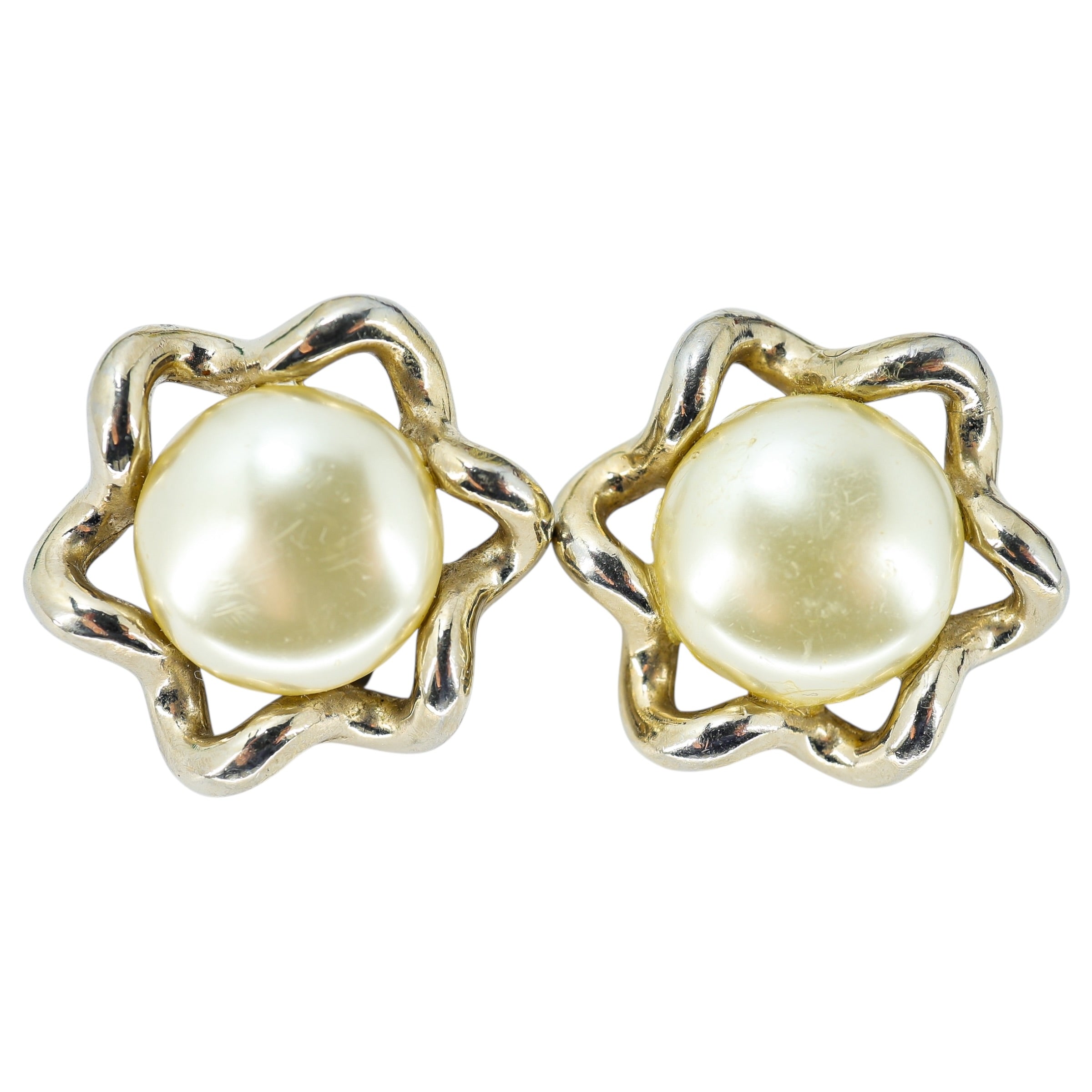 REJA Vintage Gold Tone Faux Pearl Clip Earrings 1.25” Sculptural Mid Century