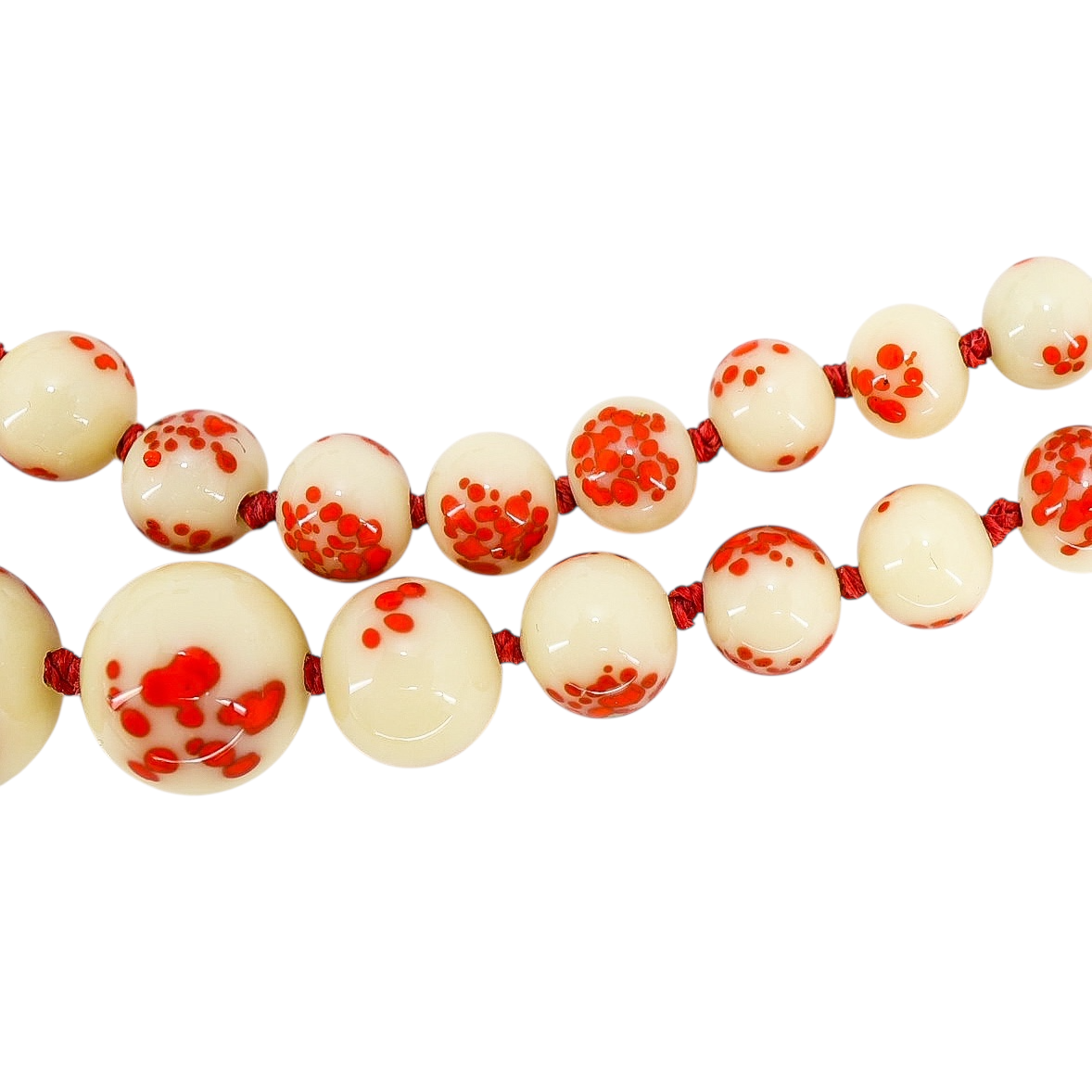 Vintage 1930s Venetian Custard Uranium Glass Necklace – Red Frit Beads, UV Reactive