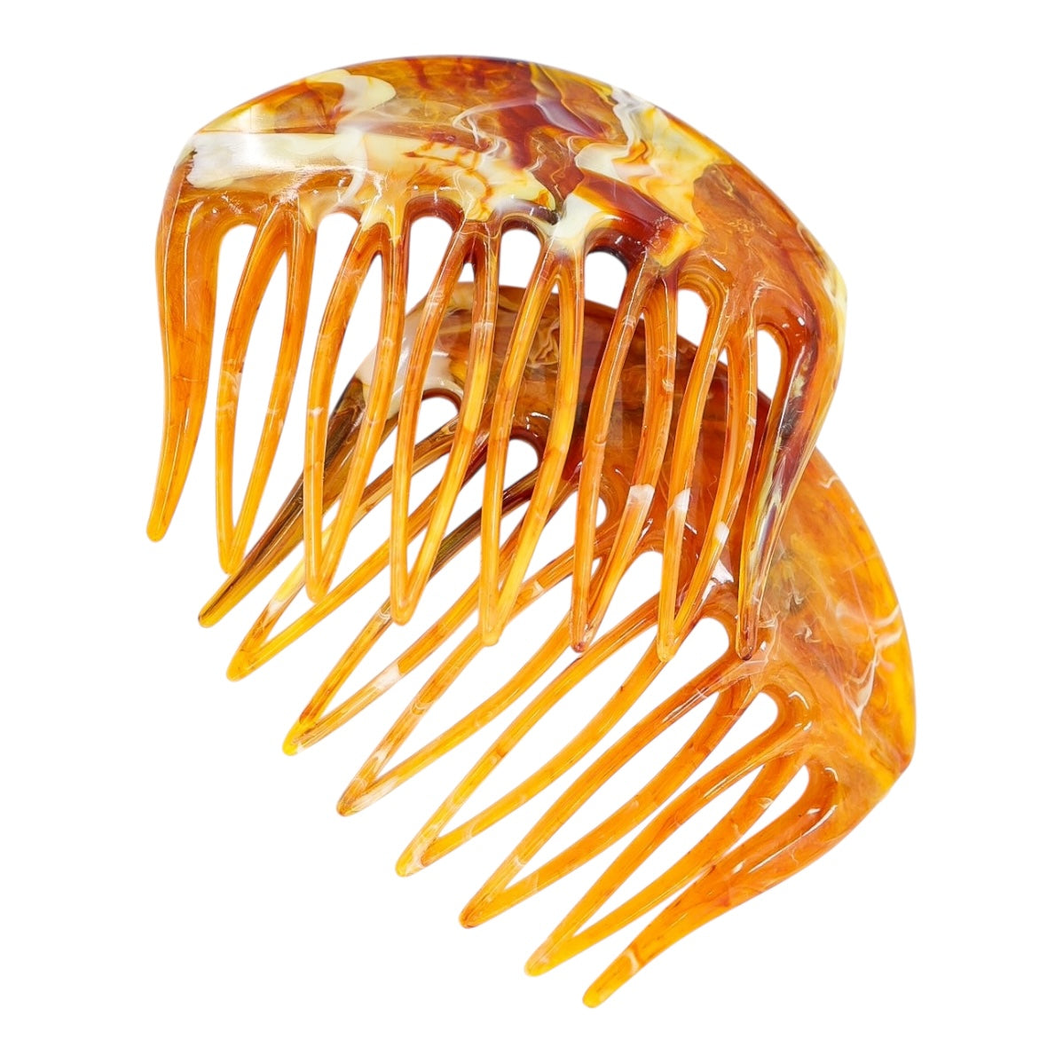 Vintage Made In France Orange Hair Combs Marbled Cellulose Acetate, Set of 2