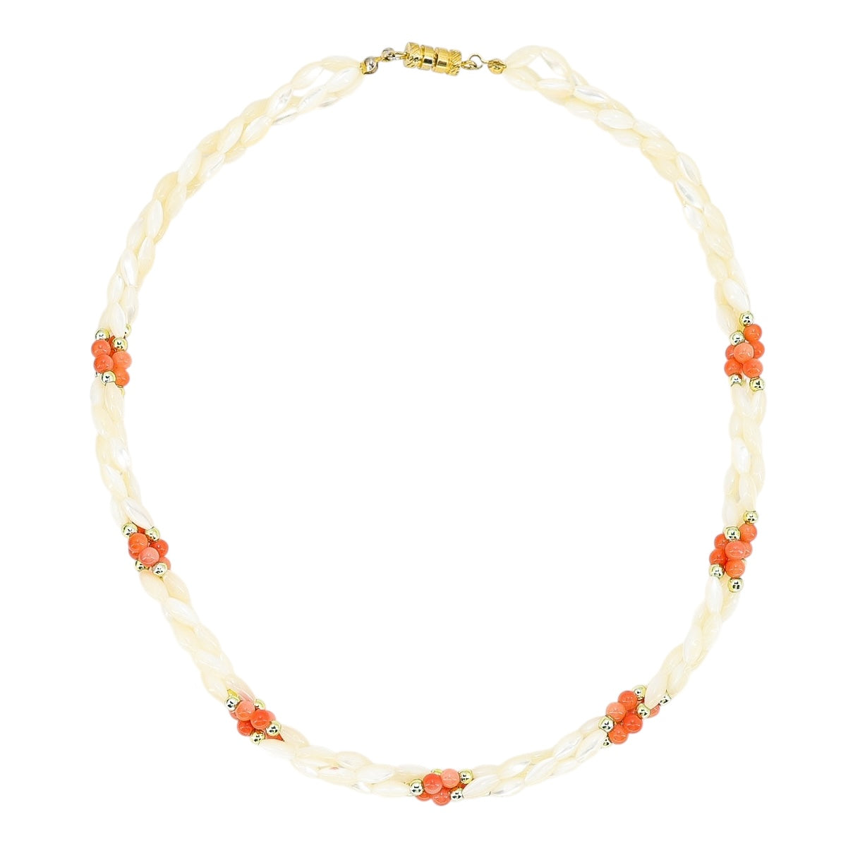 Vintage Mother Of Pearl & Coral Bead Necklace – Twisted Strands 17 in Nautical