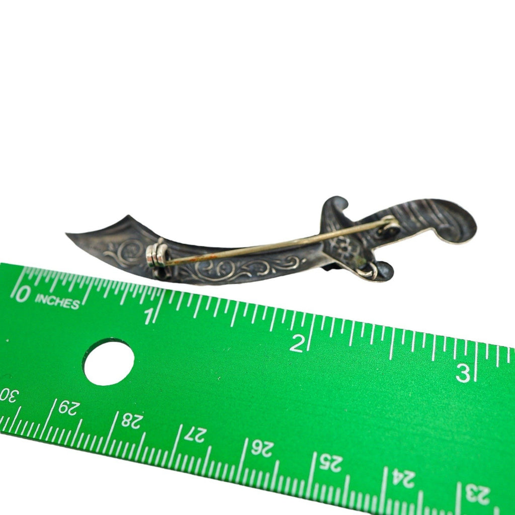 Vintage Sterling Silver Scimitar Sword Brooch 3” Etched Floral Fraternal Masonic