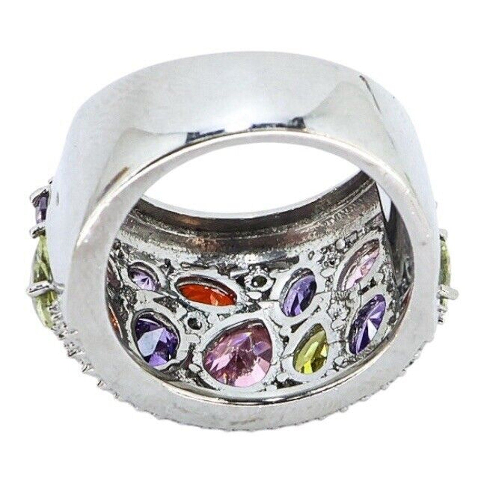 Large Statement Cocktail Ring Stainless Steel Multicolor Clustered Crystals Sz 8