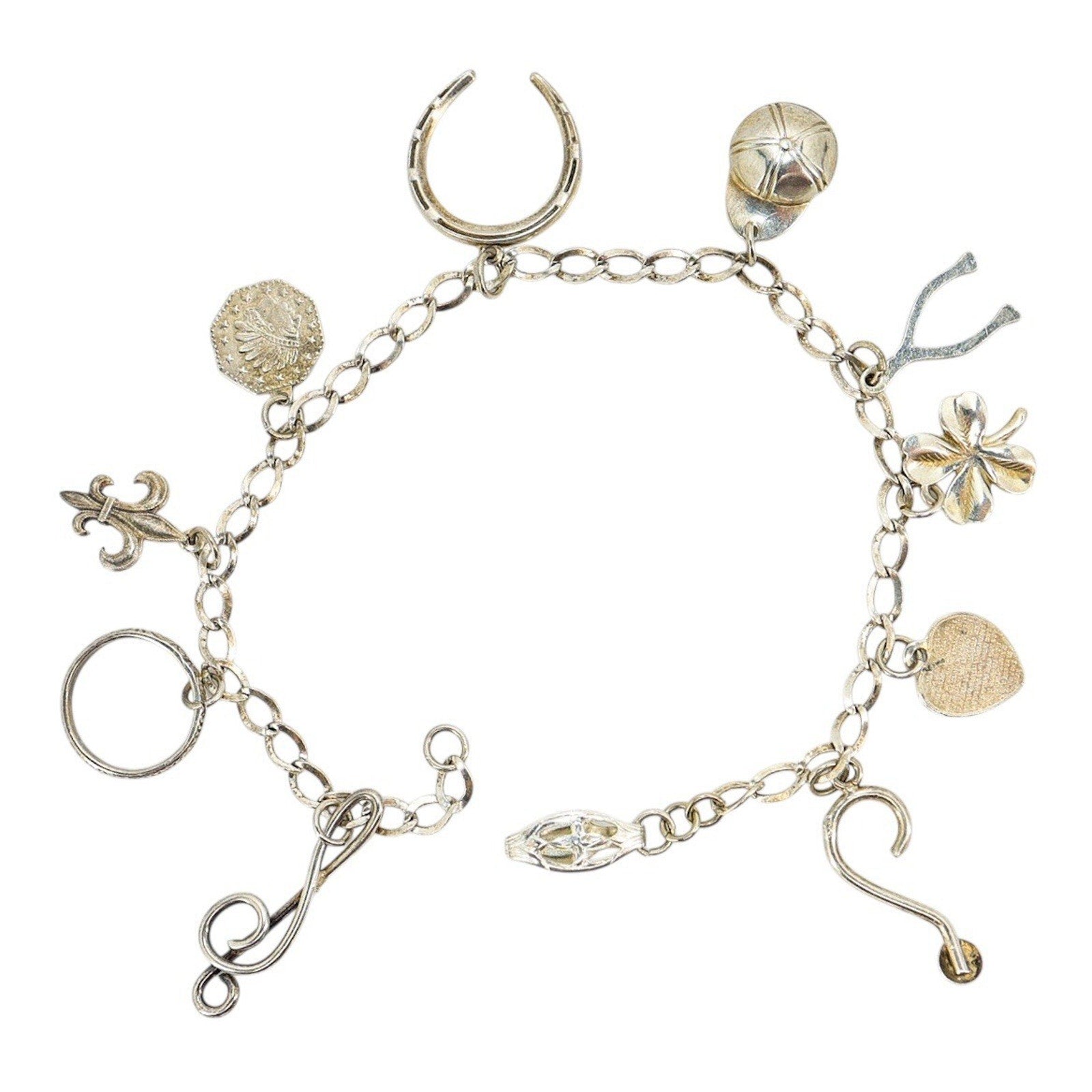 Vintage Sterling Silver Charm Bracelet Musical Sports Love Faith Lucky Symbols