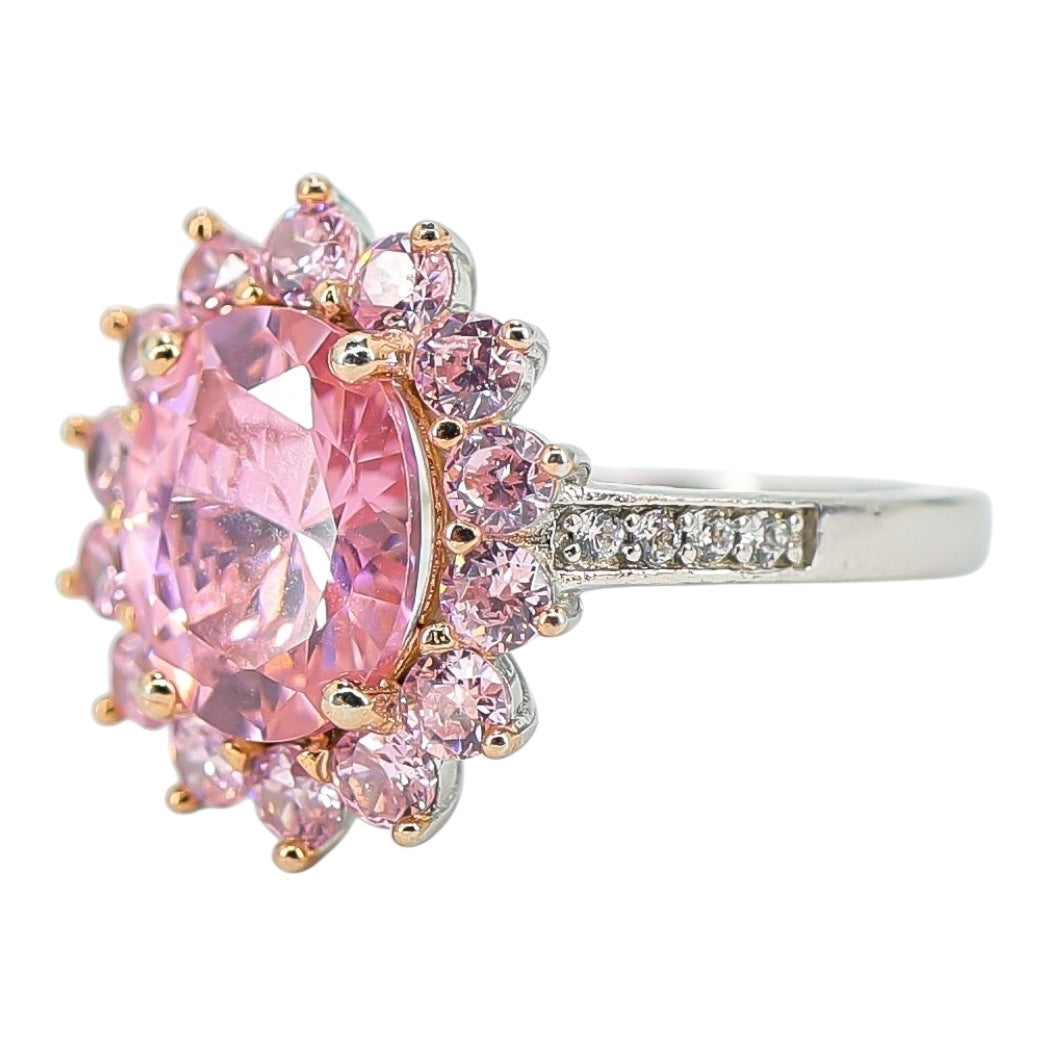 Sterling Silver Pink Cubic Zirconia Halo Ring – Oval Center, Pavé Accents - Size 7