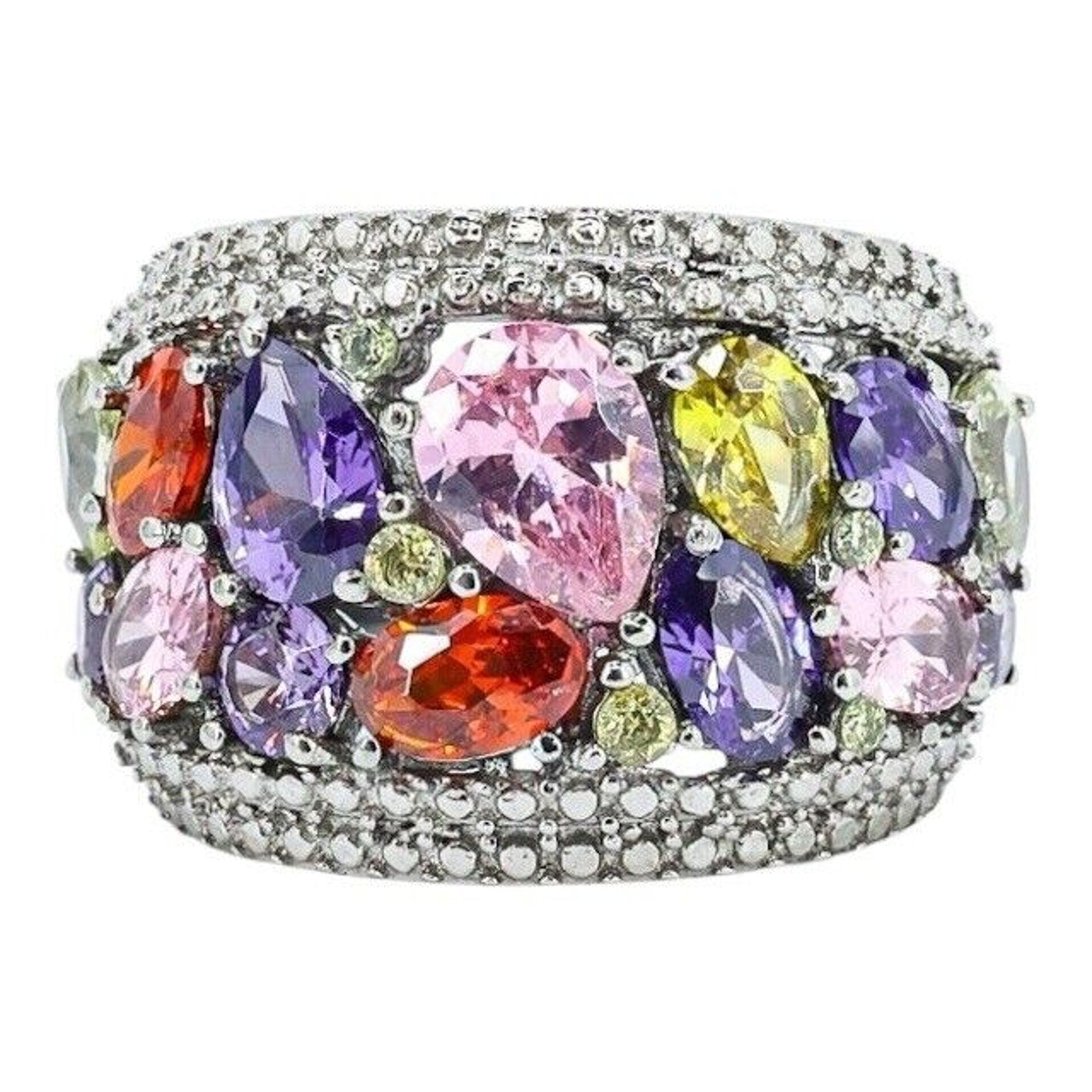 Large Statement Cocktail Ring Stainless Steel Multicolor Clustered Crystals Sz 8