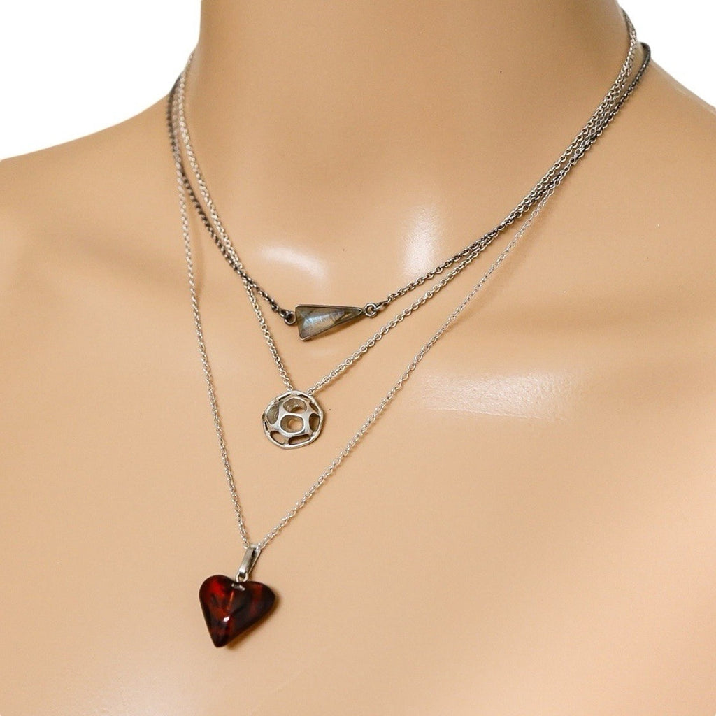 Lot Of 3 Stackable Sterling Silver Layered Necklace Set Labradorite Amber Boho