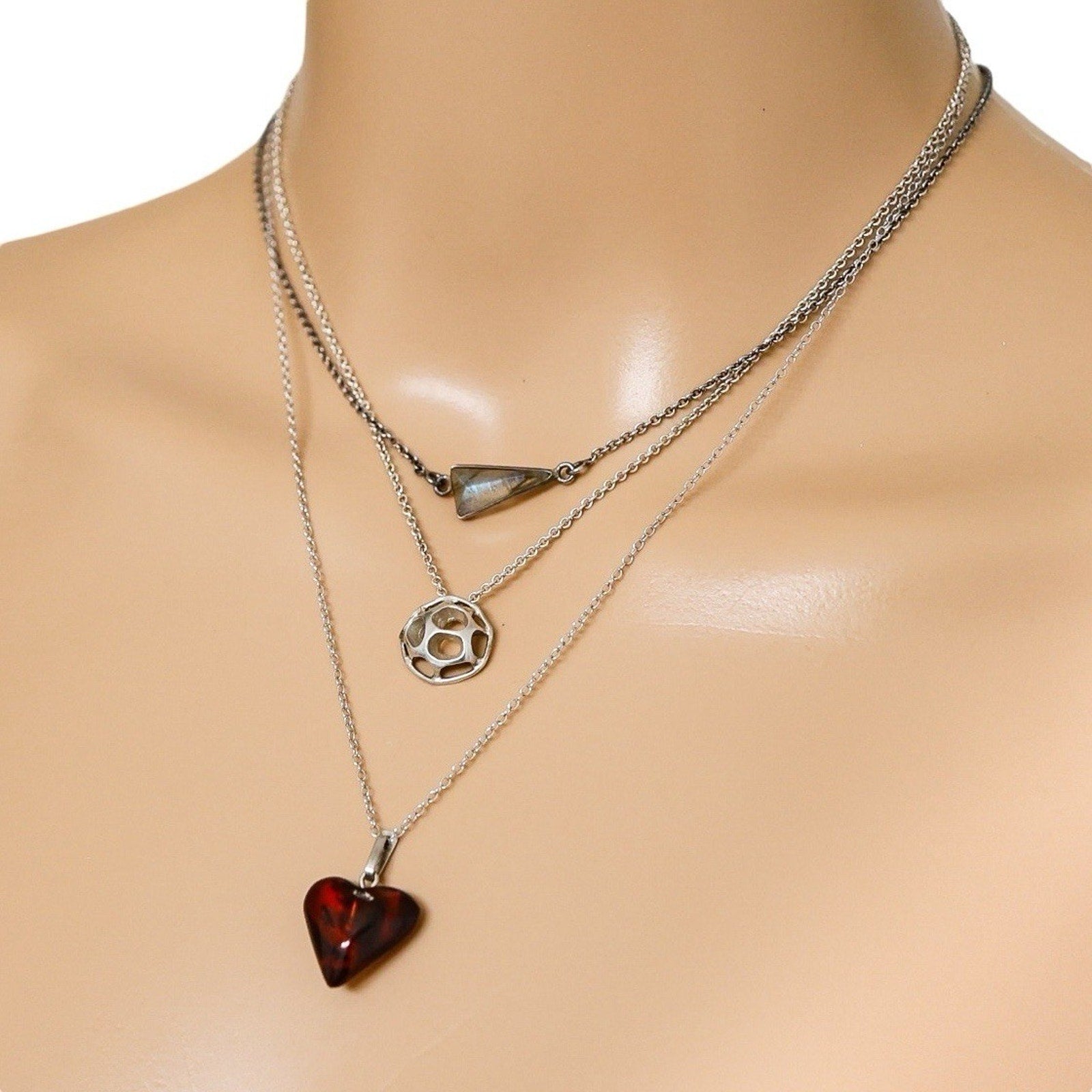 Lot Of 3 Stackable Sterling Silver Layered Necklace Set Labradorite Amber Boho