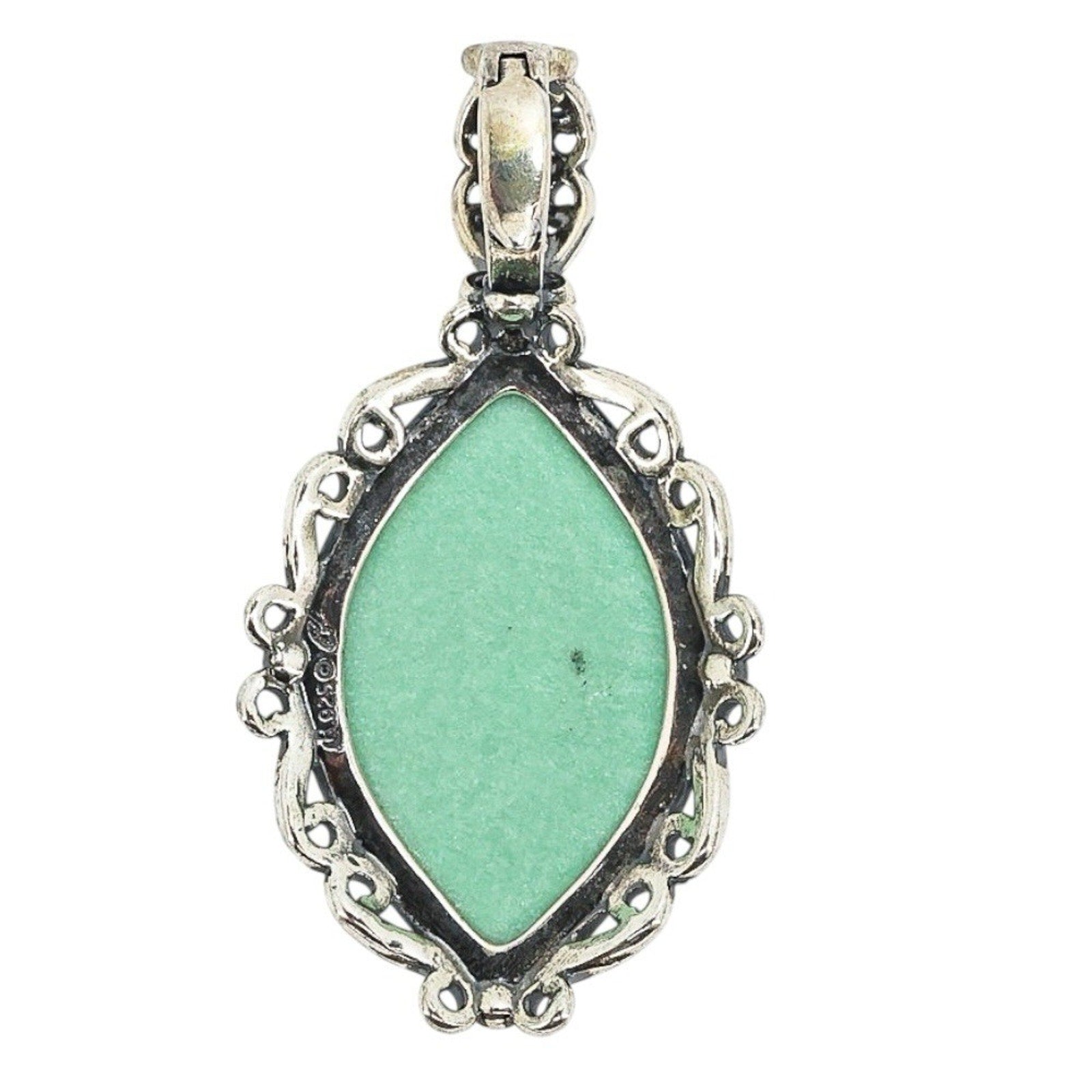 Vintage Carolyn Pollack Sterling Silver Green Stone Pendant Marquise Cabochon 2”