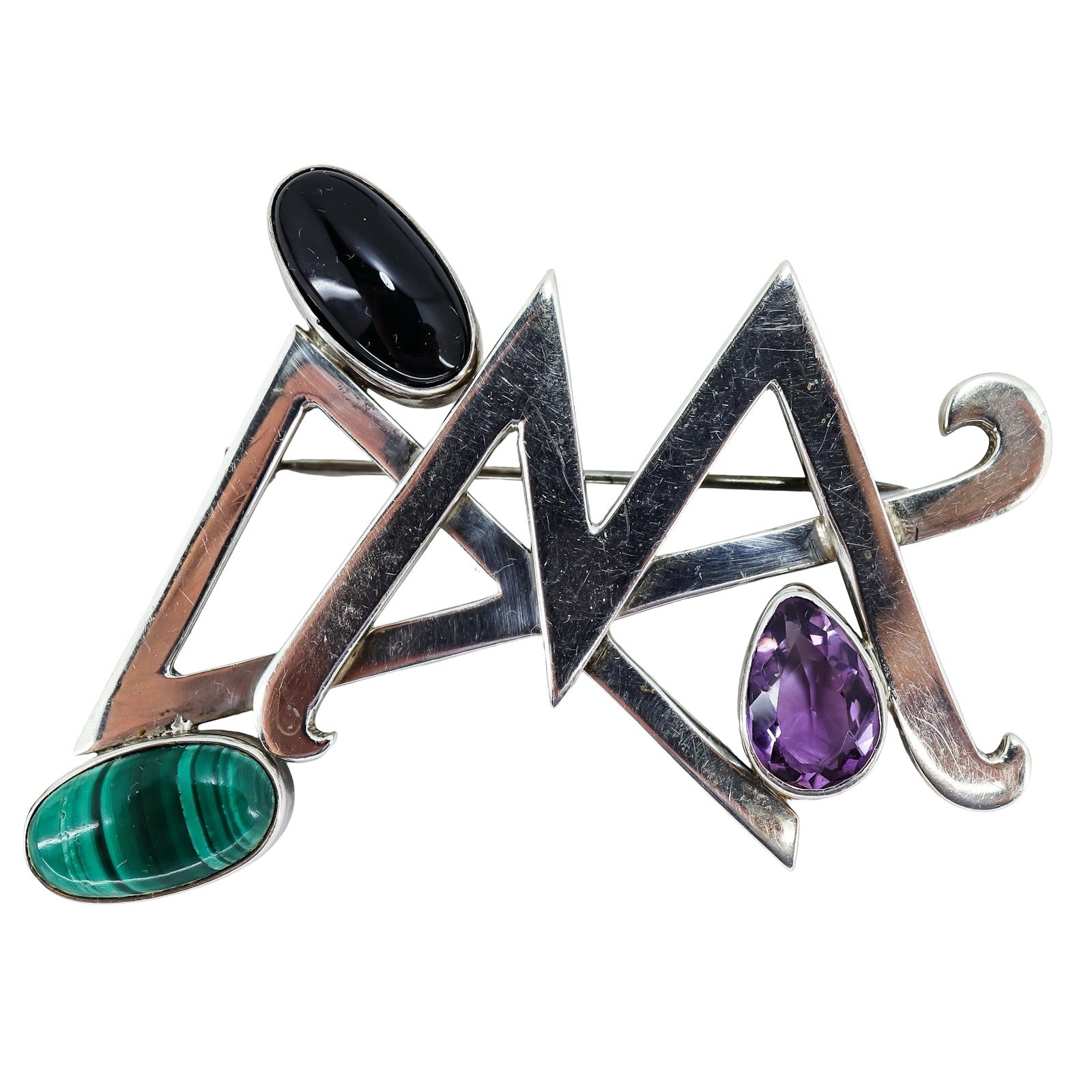 Vintage Mexican Sterling Silver Modernist Brooch Malachite Amethyst Onyx 27g