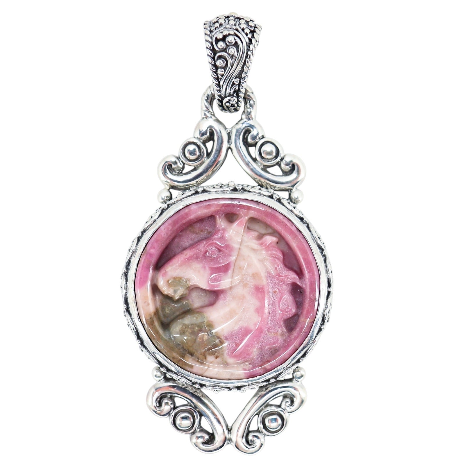 Sarda Carved Pink Rhodochrosite Horse Pendant Sterling Silver 925 Statement