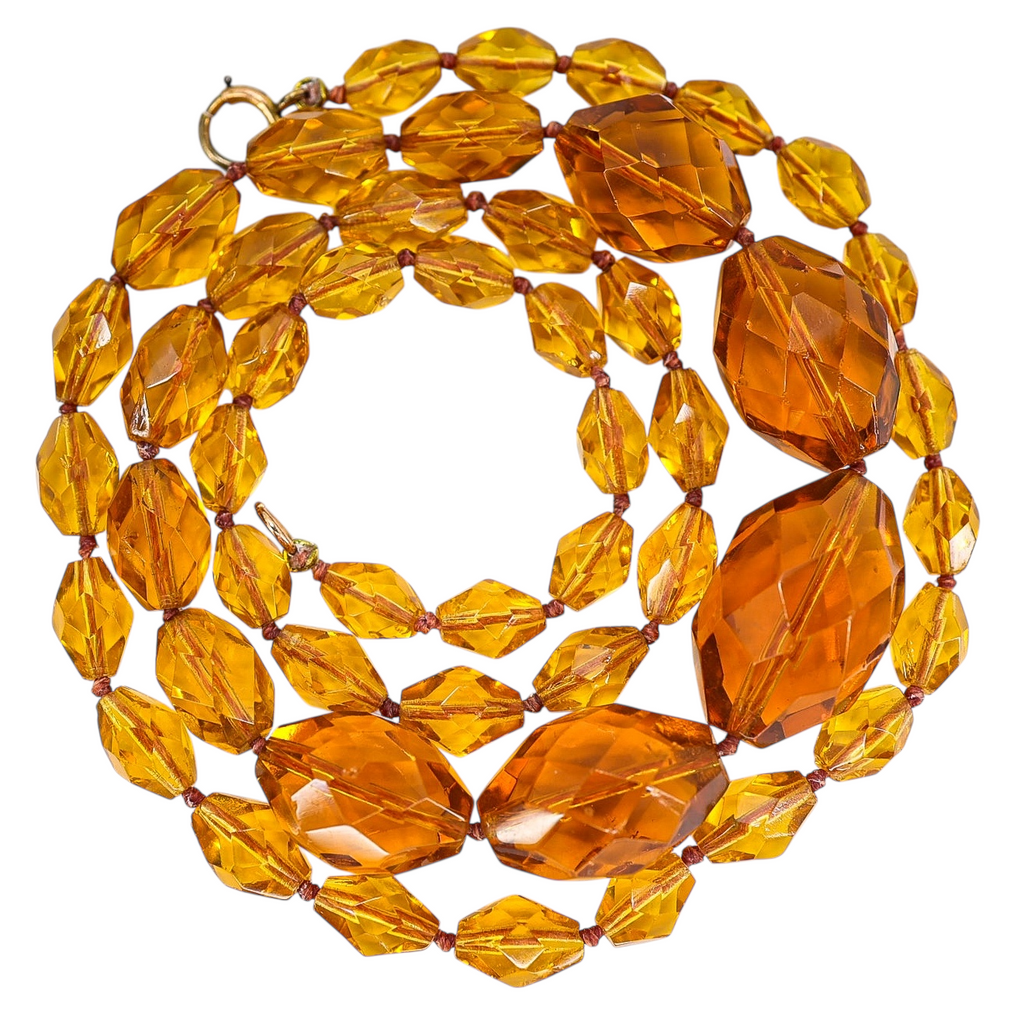 Vintage Faceted Amber Glass Bead Necklace – Hand Knotted Graduated Beads, 1930s Czech Style