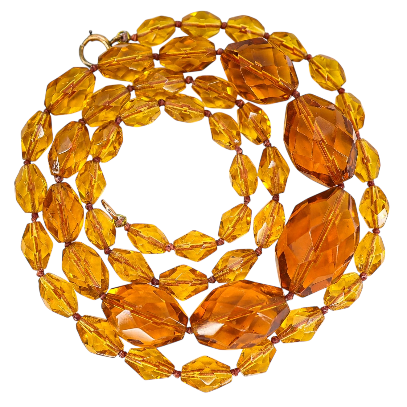 Vintage Faceted Amber Glass Bead Necklace – Hand Knotted Graduated Beads, 1930s Czech Style
