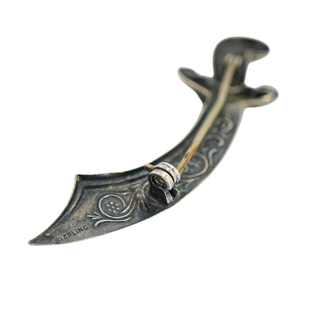 Vintage Sterling Silver Scimitar Sword Brooch 3” Etched Floral Fraternal Masonic